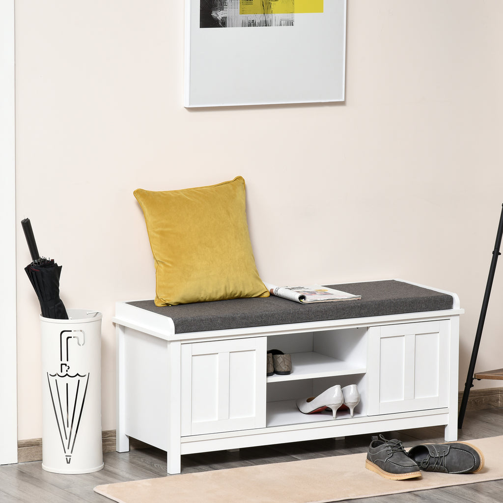 White Entryway Shoe Bench with Sliding Barn Door