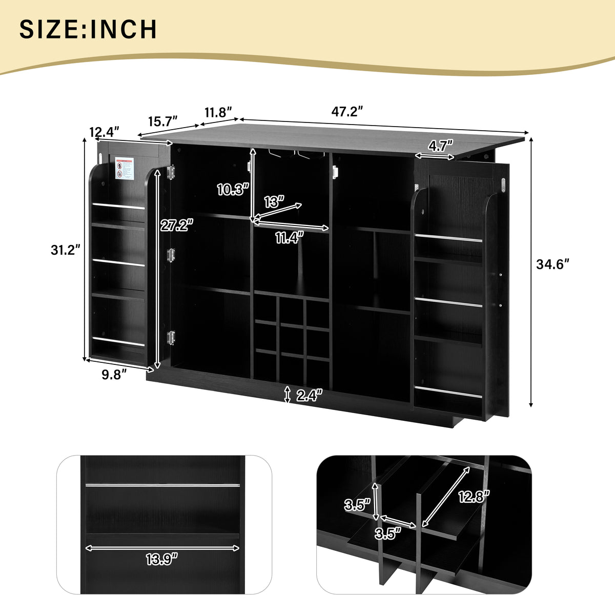 47in Kitchen Island with Drop Leaf, Wine Rack and Side Storage