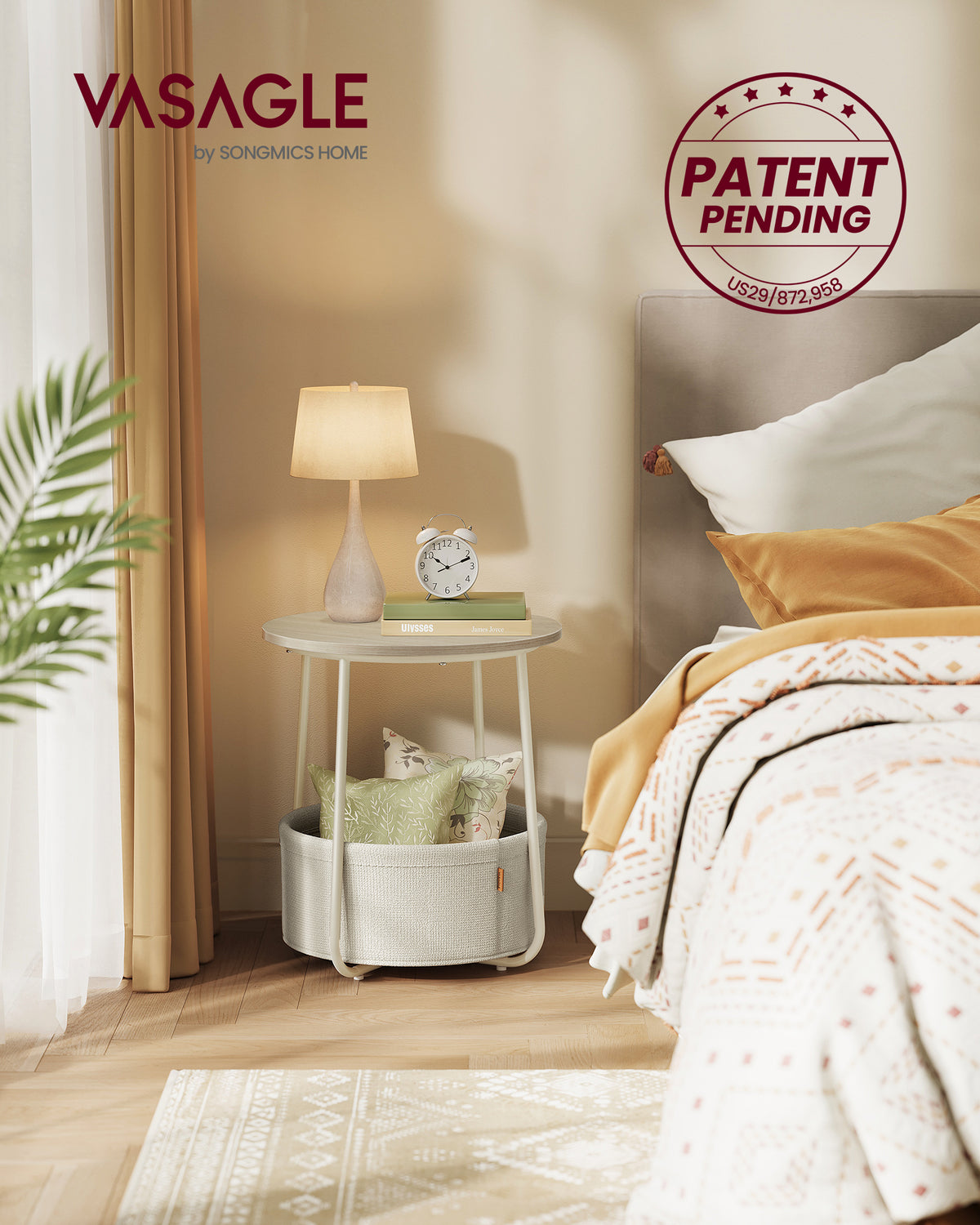 VASAGLE Small Round Side End Table Small Nightstand With Fabric Basket - Image 2