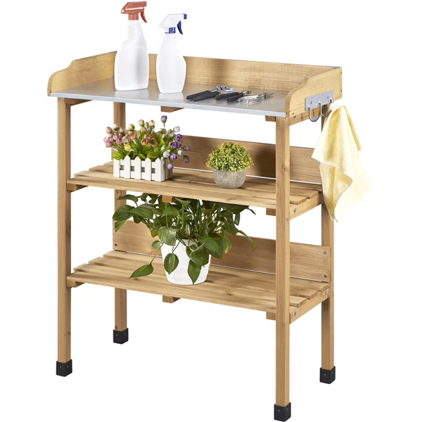 Outdoor Potting Bench Table With Storage Shelf Natural Wood - Image 3