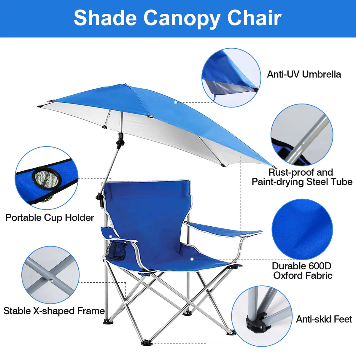 Foldable Beach Chair with Detachable Umbrella Armrest Adjustable Canopy Stool