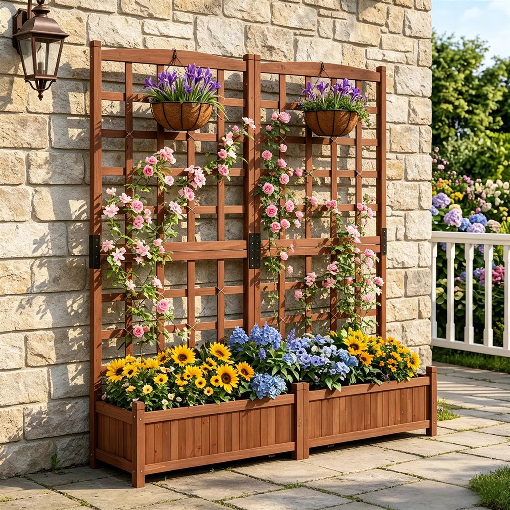 Rustic Brown Elevated Planter with Lattice Trellis Dual Large Planting Boxes - Image 5