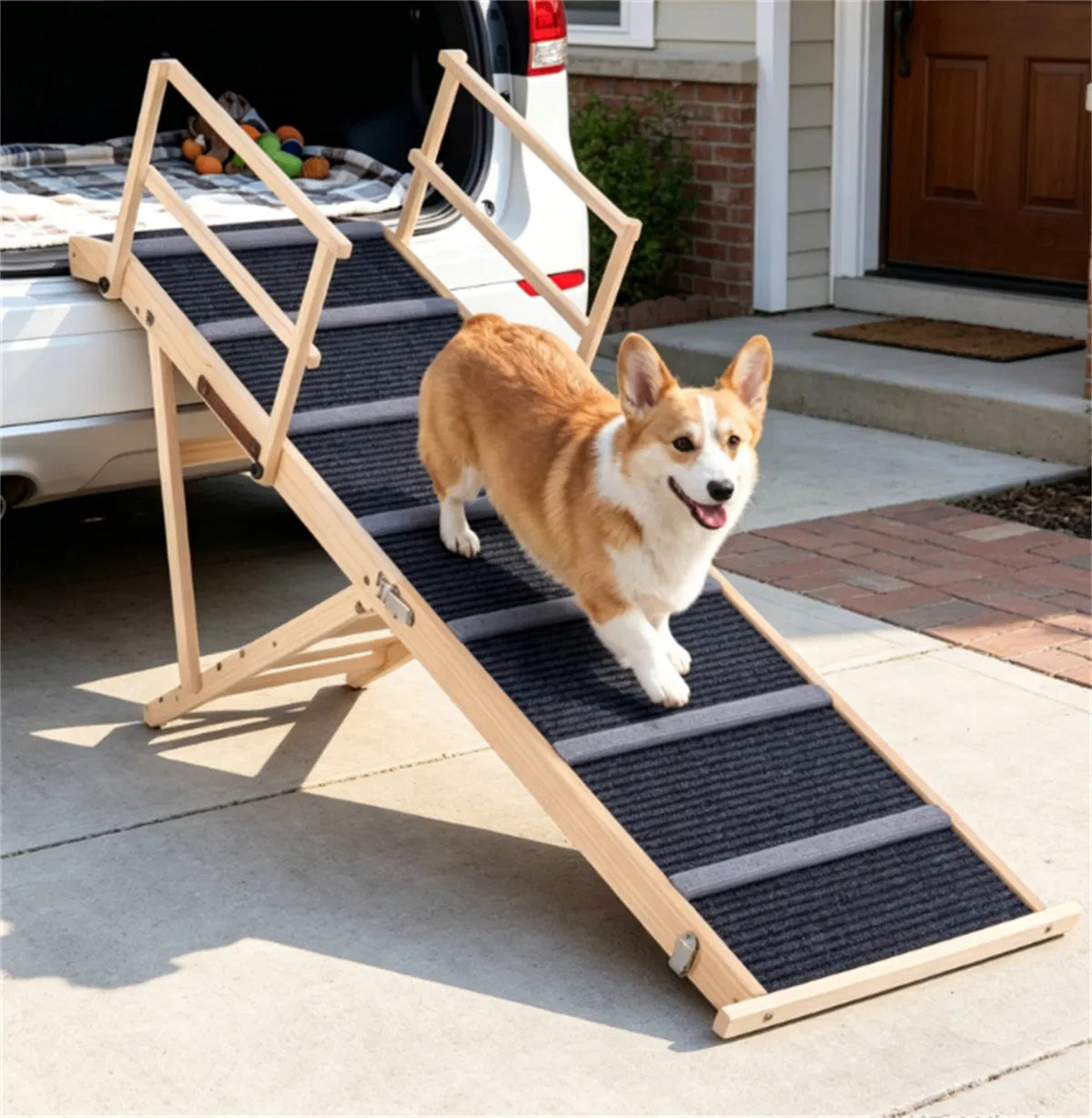 6 Level Adjustable Foldable Pet Ramp Solid Pine Wood Non Slip Dog Stairs with - Image 3