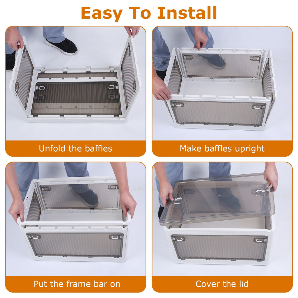 70-Quart Collapsible Stackable Storage Bin Container with Latching Doors - Compact Placement on Shelf View