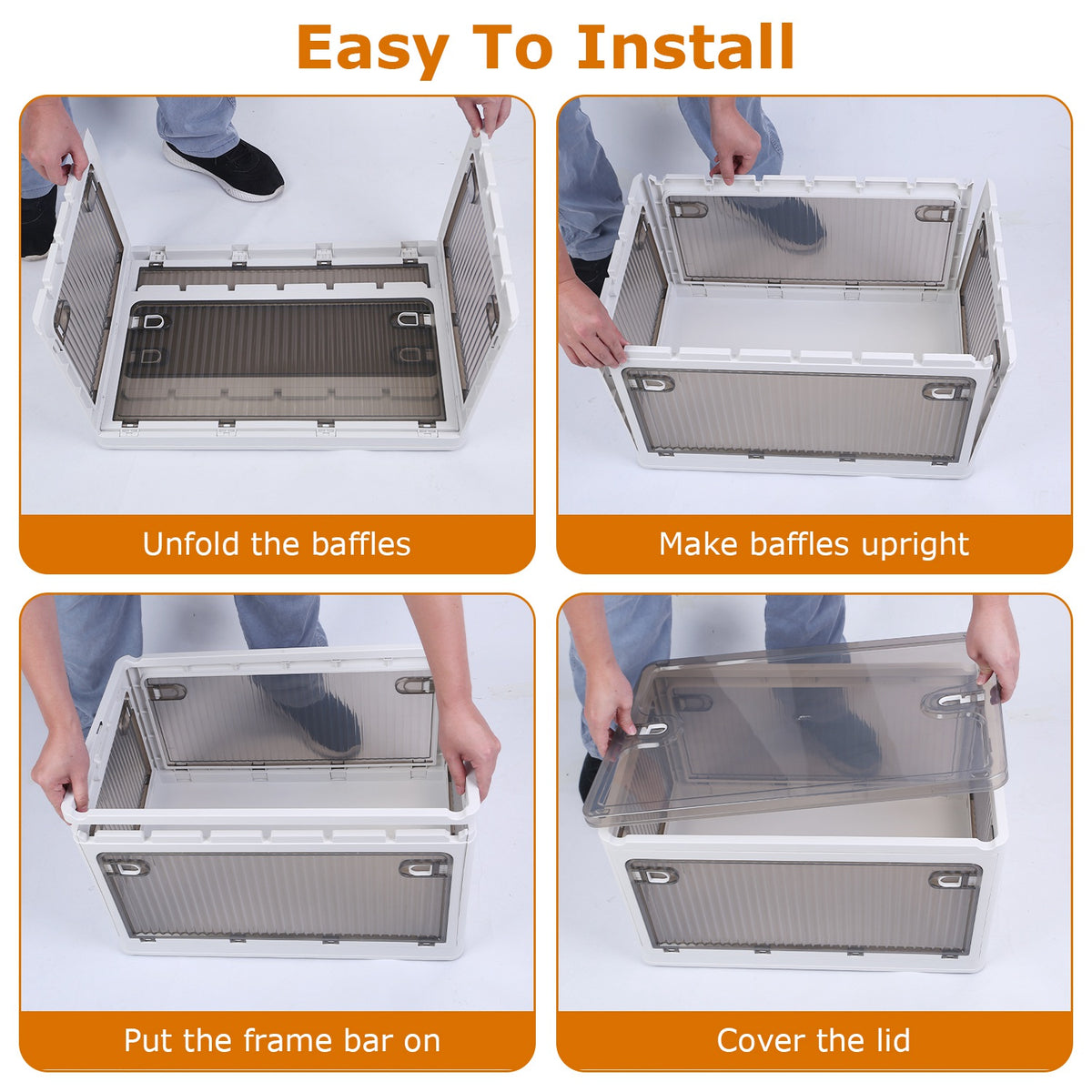 70-Quart Collapsible Stackable Storage Bin Container with Latching Doors - Compact Placement on Shelf View