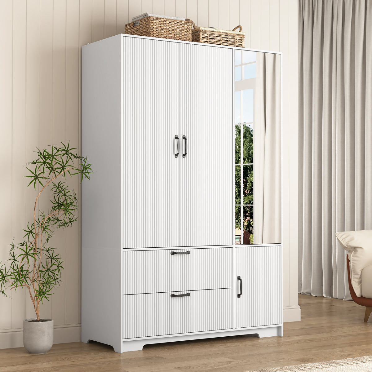 72in Four-Door Wardrobe Closet with Mirror, Drawers and Interior Light