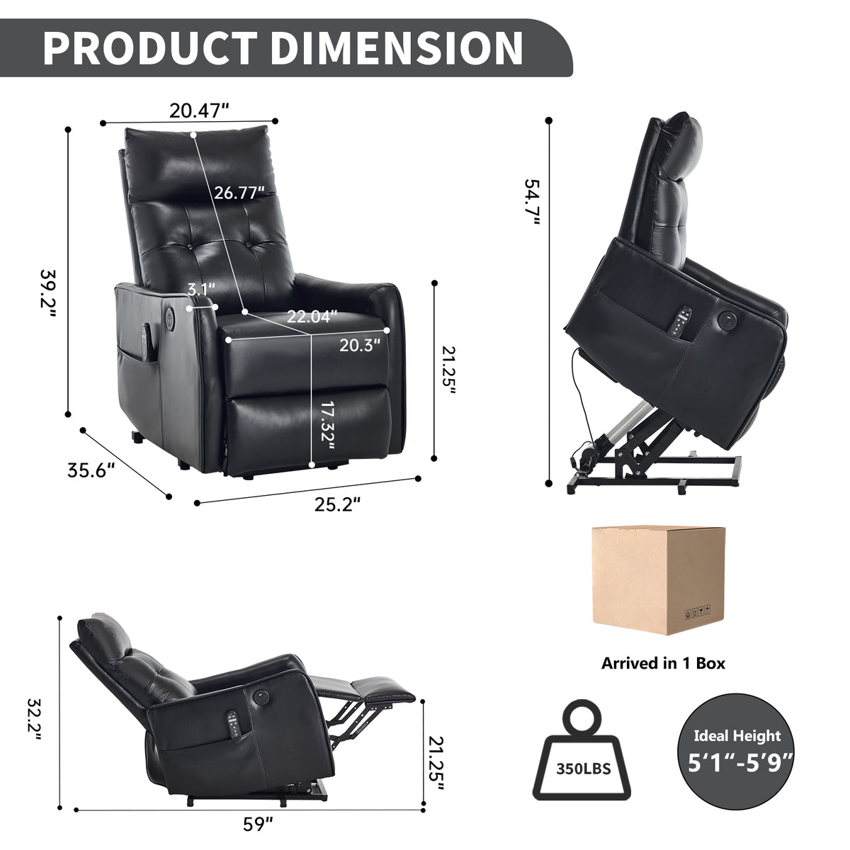 Black PU Single Motor Power Lift Recliner Chair with Massage and Heat for - Image 4