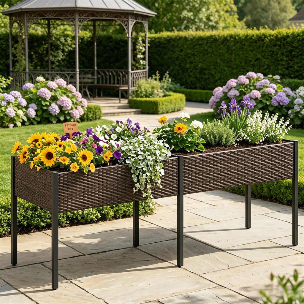 2 Section PE Rattan Raised Garden Bed 29" Ergonomic Elevated Planter Box with - Image 2
