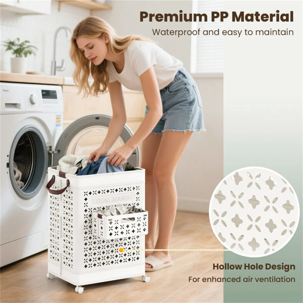 20 Gallon Foldable Laundry Hamper With Mini Hanging Basket PP Hollow Design - Image 6