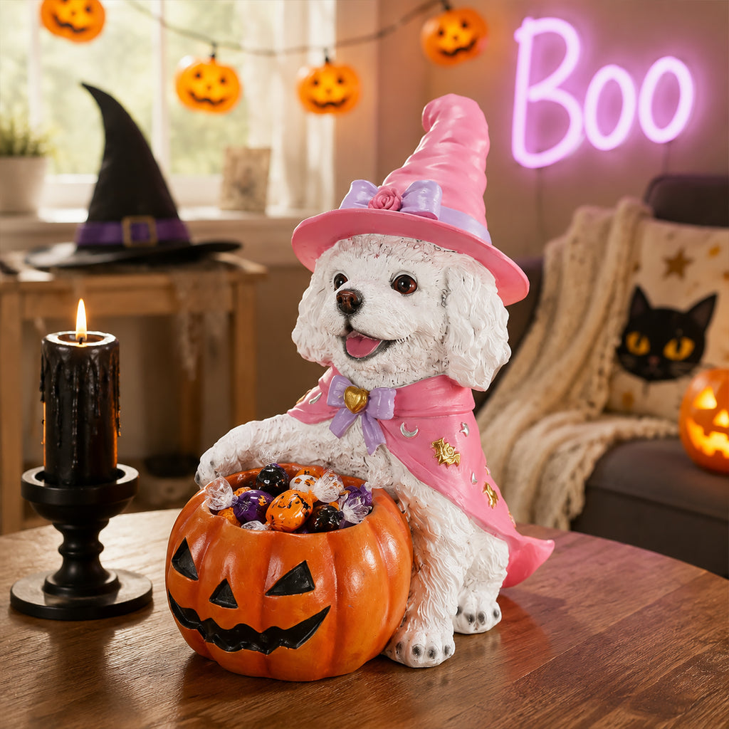 Halloween White Teddy Puppy Figurine Witch Dog Holding Pumpkin Candy Bowl Decoration - Image 4