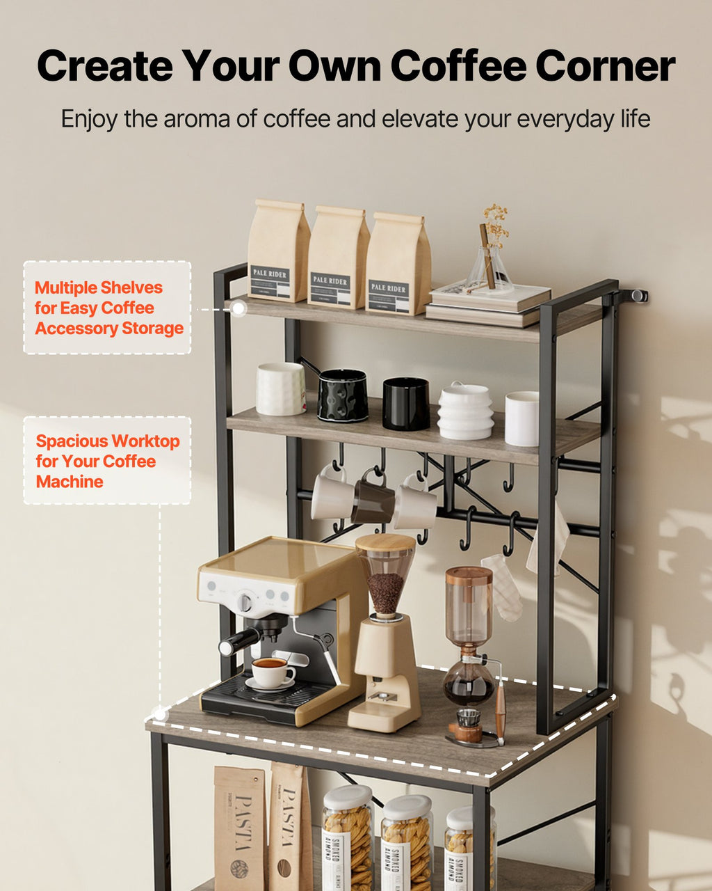 Kitchen Bakers Rack 23 Inch Width Stand With Shaped Support Bar 12 Hooks - Angle and Detail View
