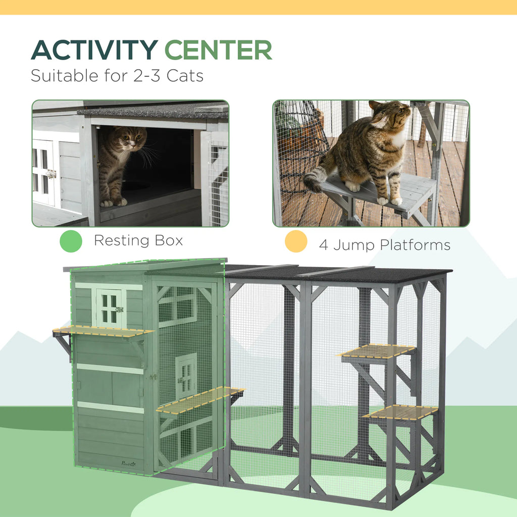 Wooden Cat Catio 76"L Walk in Outdoor Cat House with Asphalt Roof Platforms - Image 5