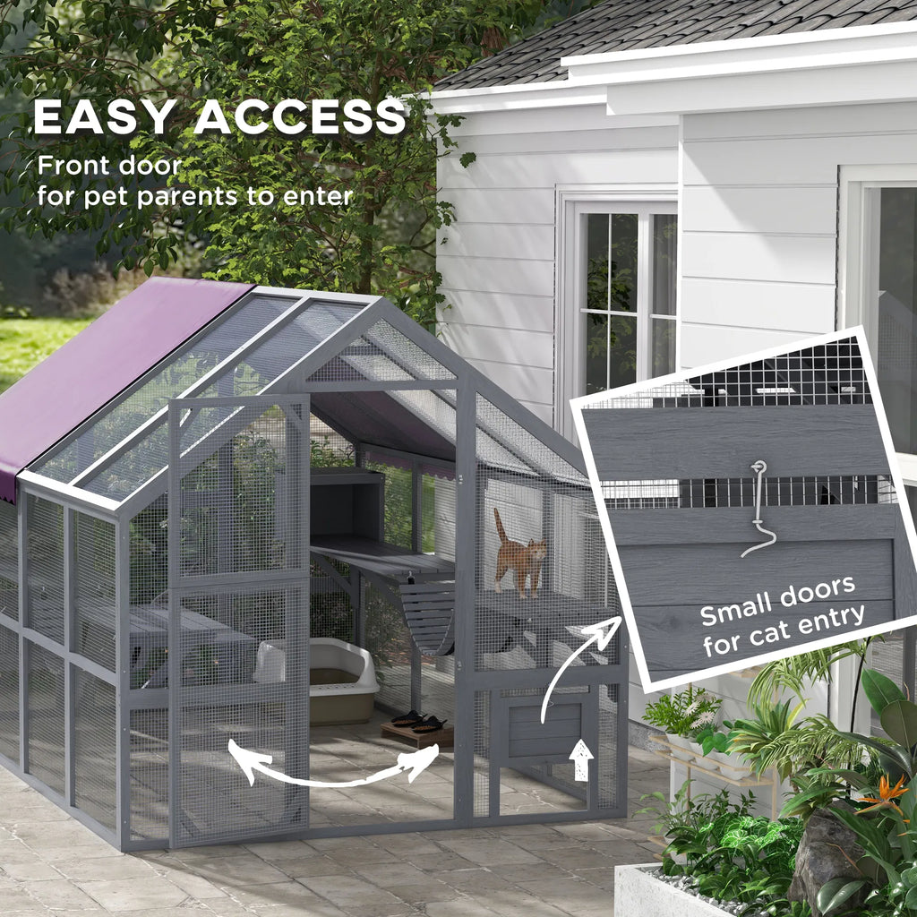 Outdoor Cat Enclosure Wooden Feral Cat House w/ Weatherproof Canopy Bridges - Image 2