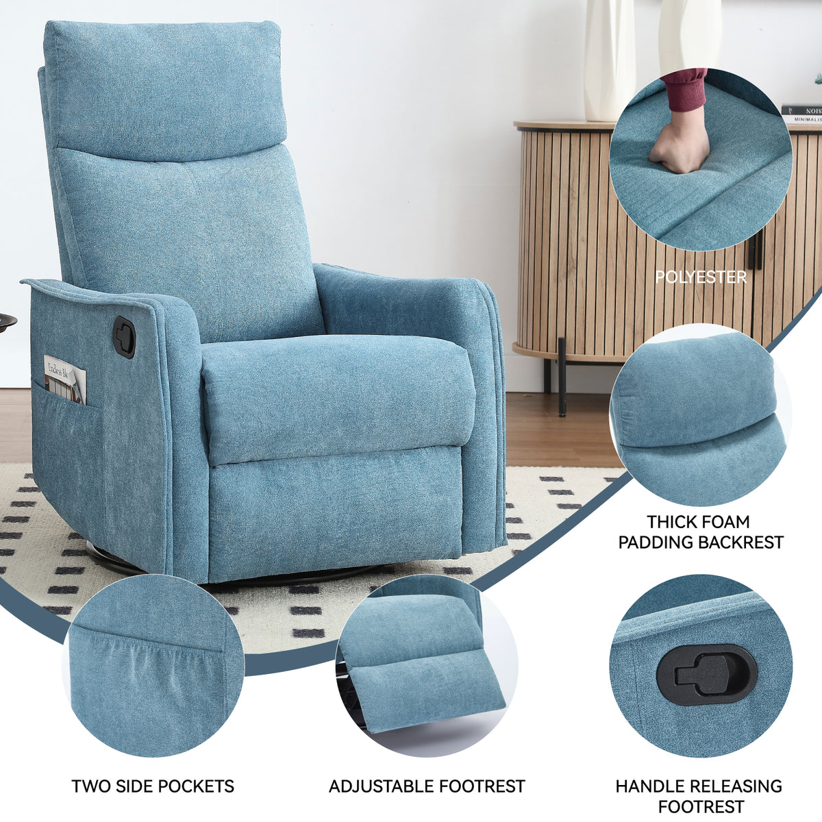 Heat Massage Manual Recliner Chair with Rocker and Swivel in Fabric for Living - Image 3