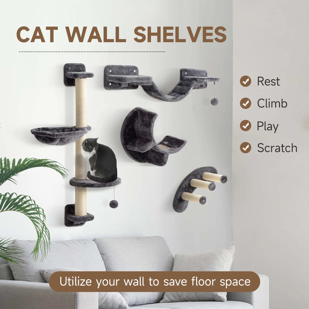 Cat Wall Shelf with Scratching Post Play Balls Platforms Dark Grey - Image 3