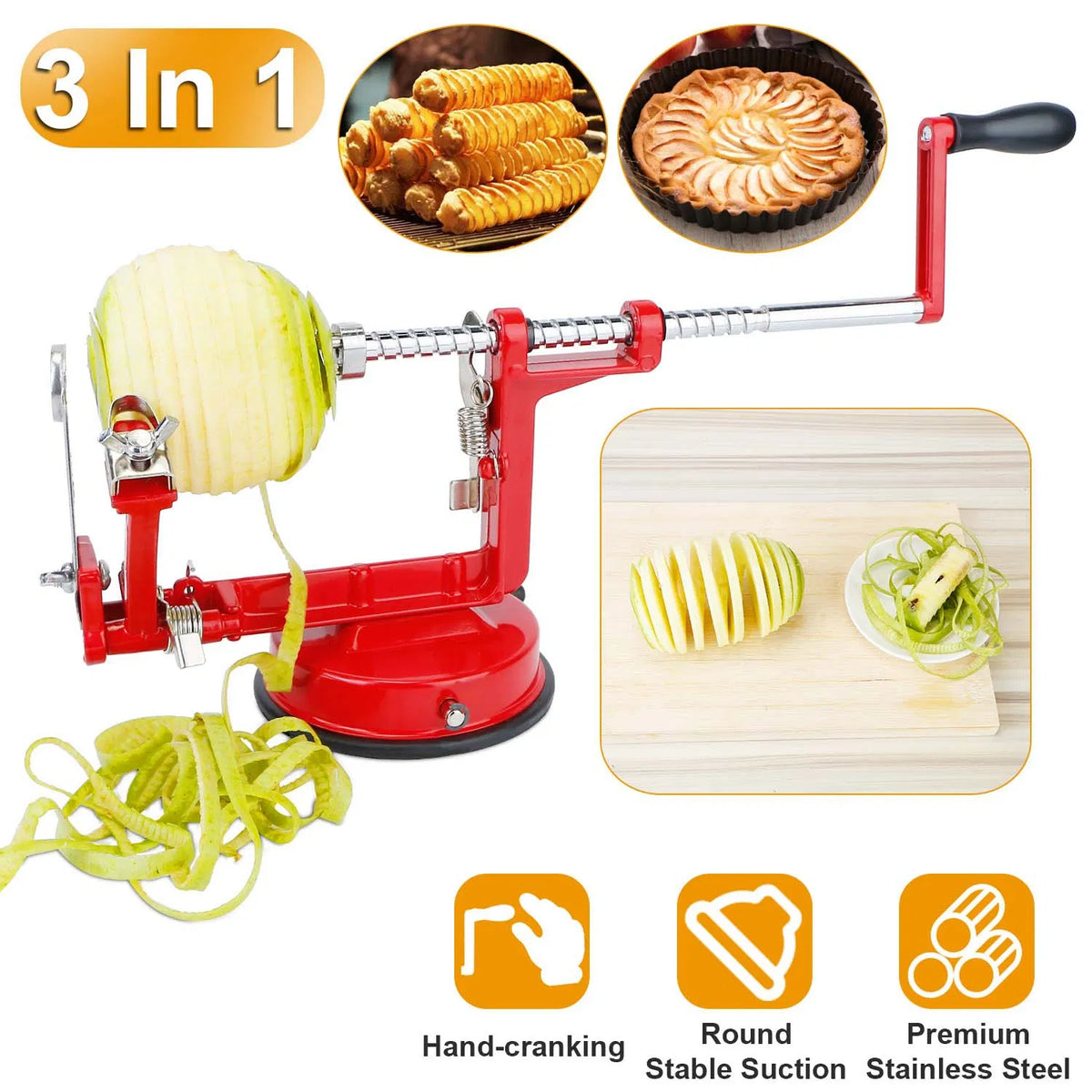 3In 1 Apple Peeler Manual Rotation Potato Fruit Core Slicer Kitchen Hand - Image 2