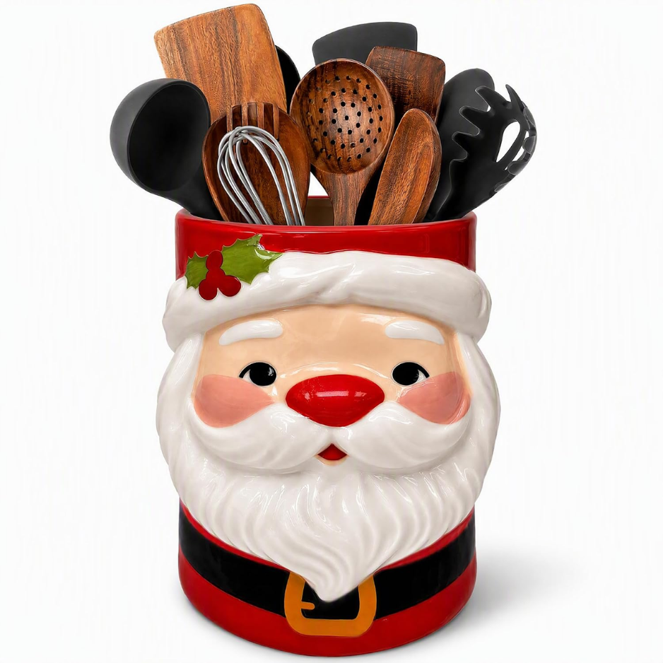 Christmas Ceramic Utensil Holder Santa Claus Kitchen Decor 3 Santa Countertop