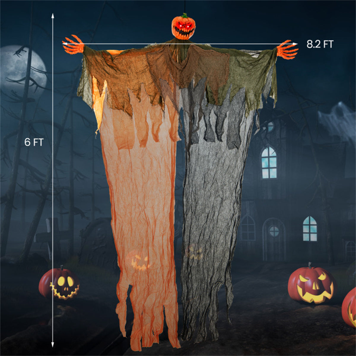 6FT Halloween Hanging Pumpkin Ghost With Red LED Eyes Poseable Arms Scary - Image 3