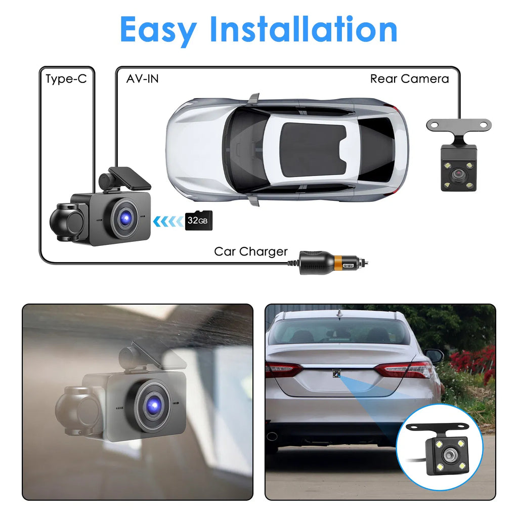 Car Dash Cam 3 Channel with Infrared Night Vision (4 IR Lights/Per Side) 1080P