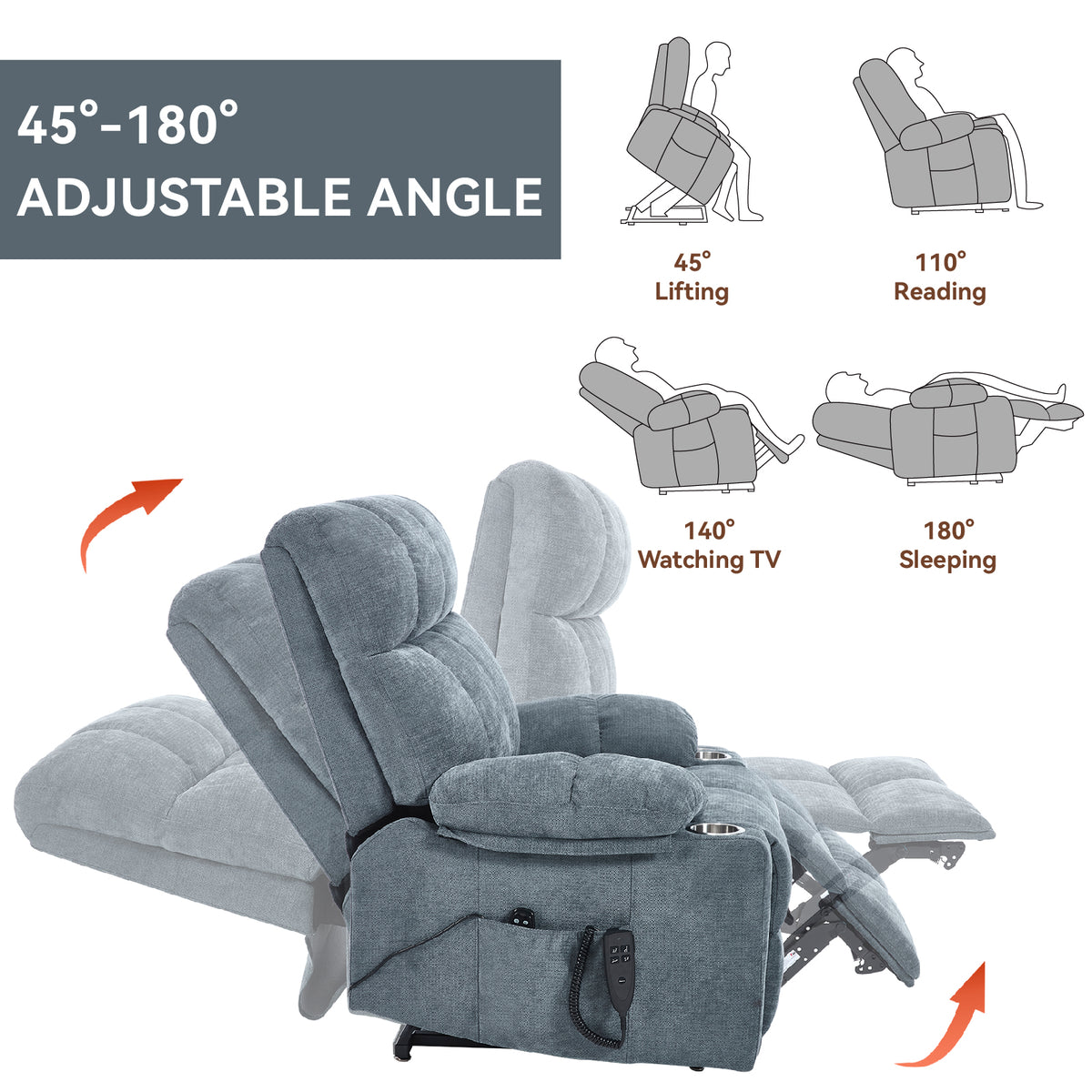 Grey Dual Motor Infinite Position Up to 350 LBS Chenille Power Lift Recliner - Image 3