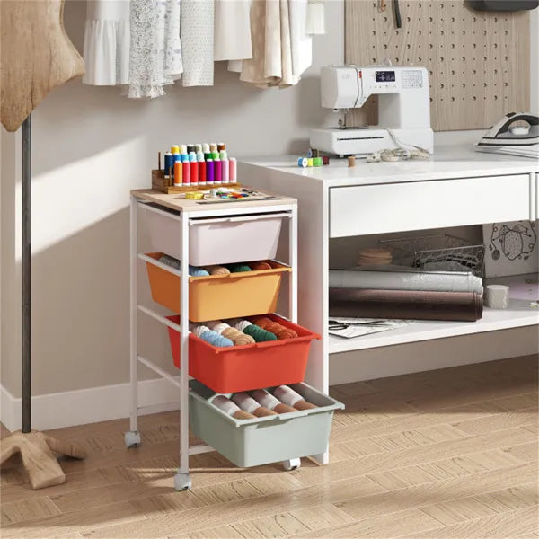 4 Drawer Rolling Storage Cart Mobile Utility Organizer With MDF Wooden Top (Macaron) - Image 5