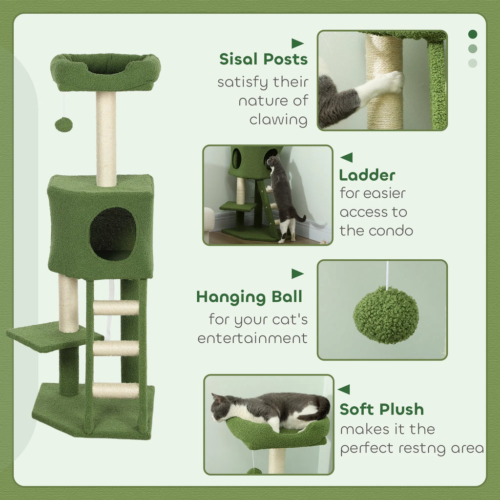 47" Tall Cat Tree Tower with Condo Ladder Scratching Posts and Hanging Ball Green - Image 3