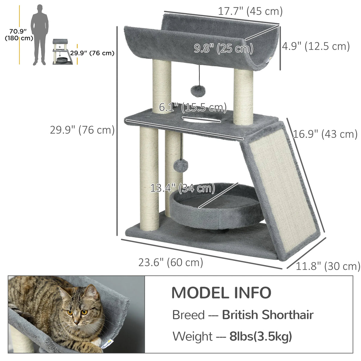 Small Cat Tree with Perch Scratching Posts Pad Bed Toy Balls Light Grey - Image 5