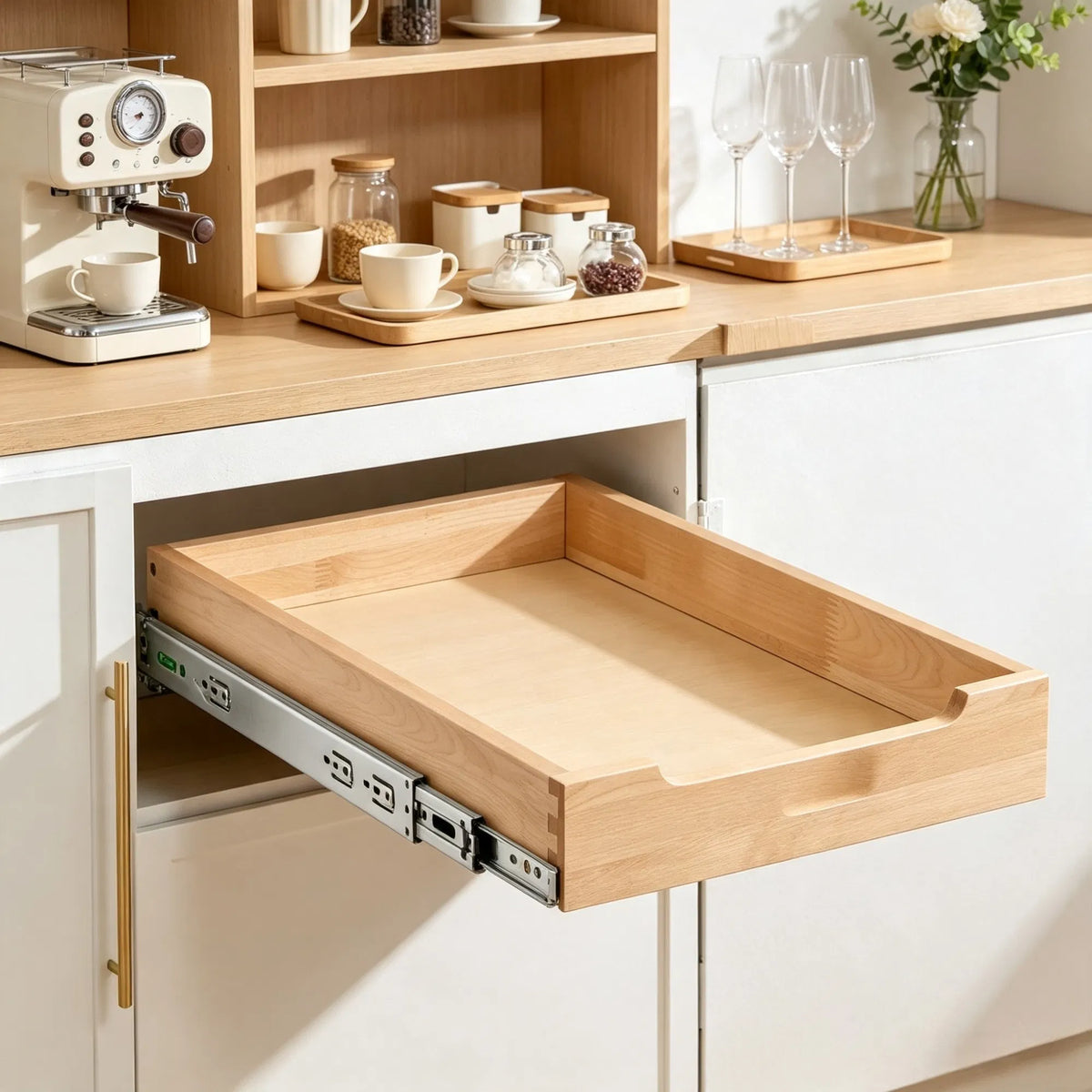 14"W 21"D Pull Out Cabinet Organizer Heavy Duty Wood Drawer With Soft Close - Angle and Detail View