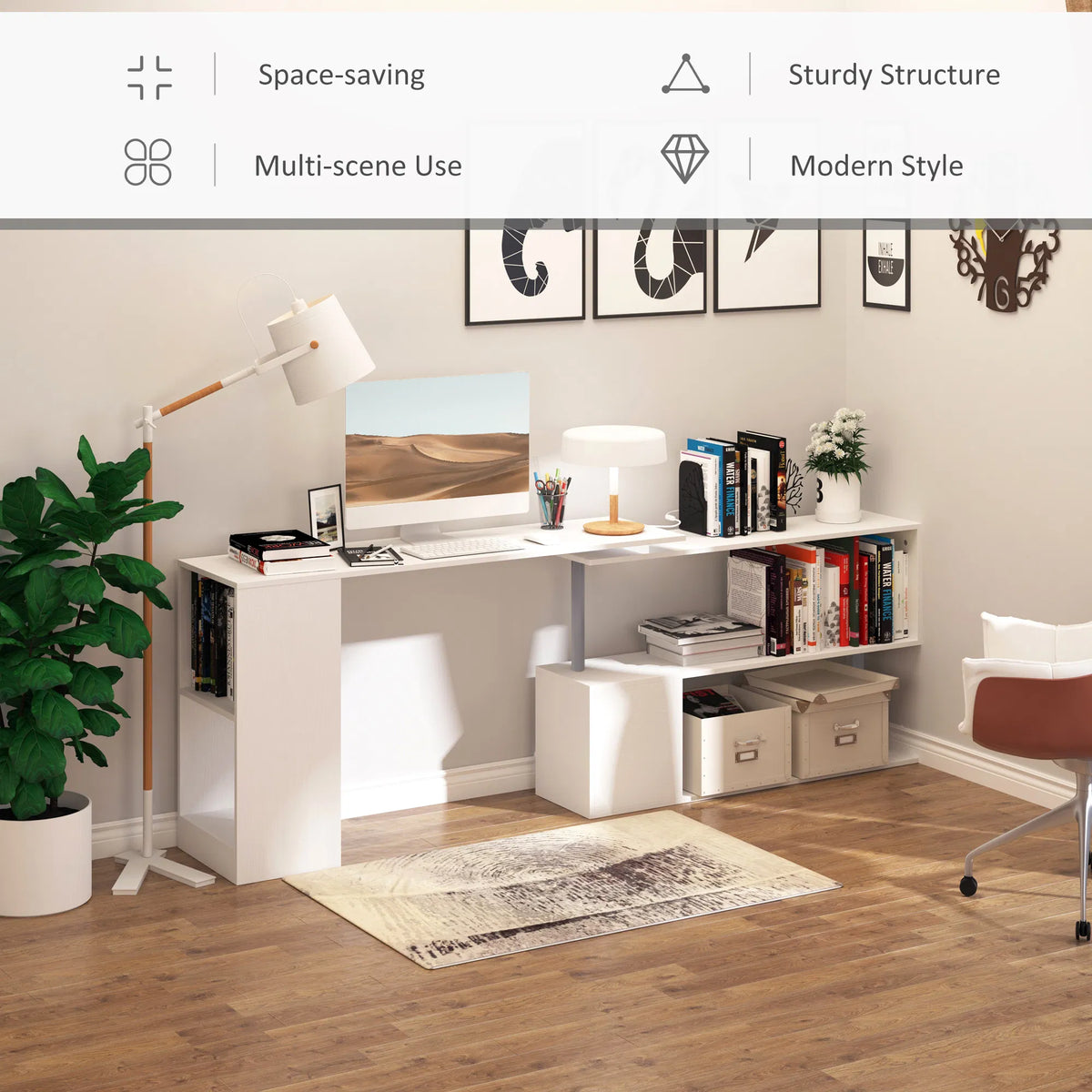 55" Corner Computer Desk 360° Rotating L Shaped Desk Home Office Workstation