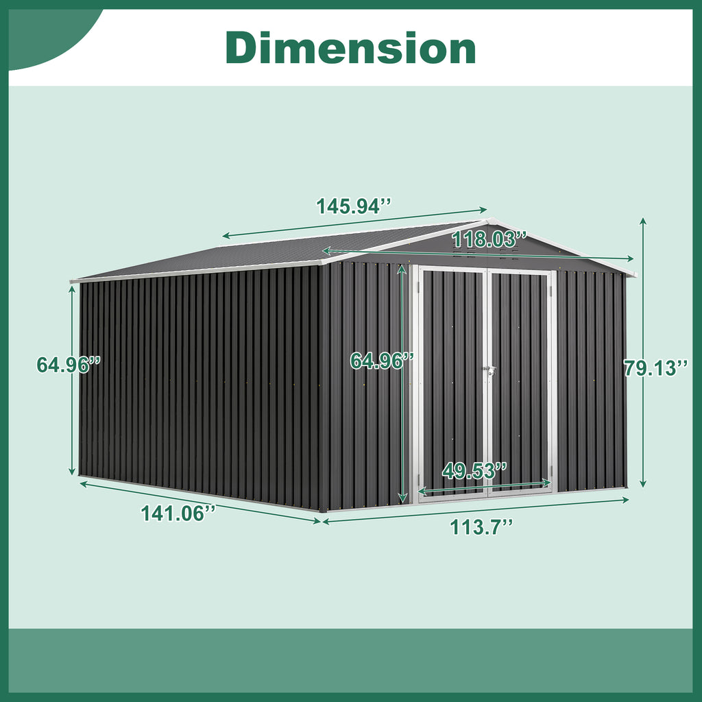 Outdoor Storage Shed 10x12 FT Utility Metal Tool Storage with Lockable Doors - Image 3