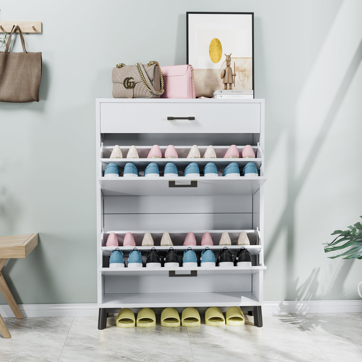 Freestanding Shoe Storage Cabinet with Flip Drawers for Entryway - Storage Interior and Capacity Display