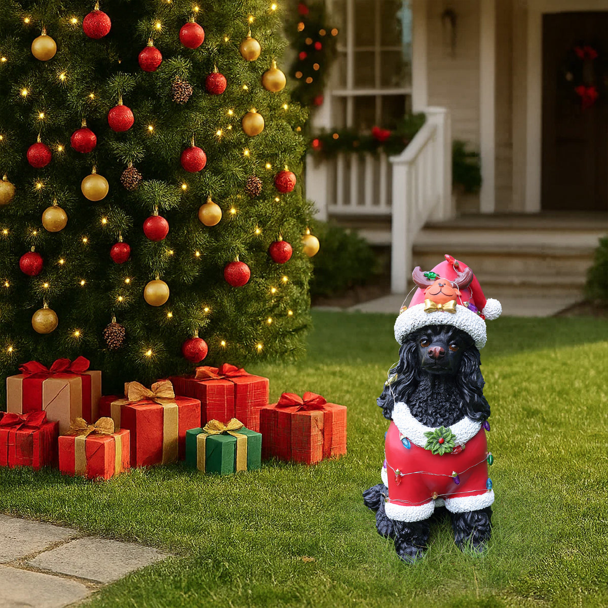 Christmas Black Poodle Statue Holiday Dog Figurine in Red Santa Outfit - Image 2