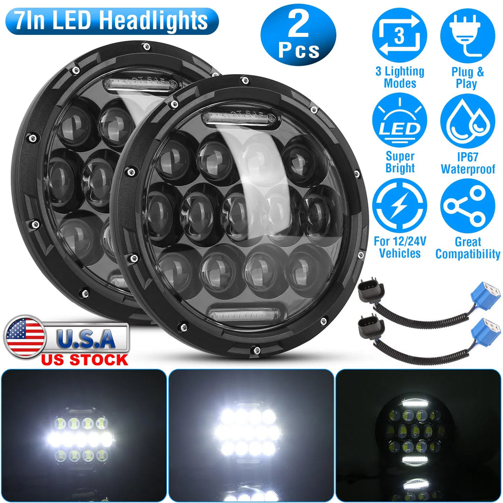 2Pcs 7In 75W Round LED Headlight 3500LM Halo Car Headlamp with DRL High Low - Image 4