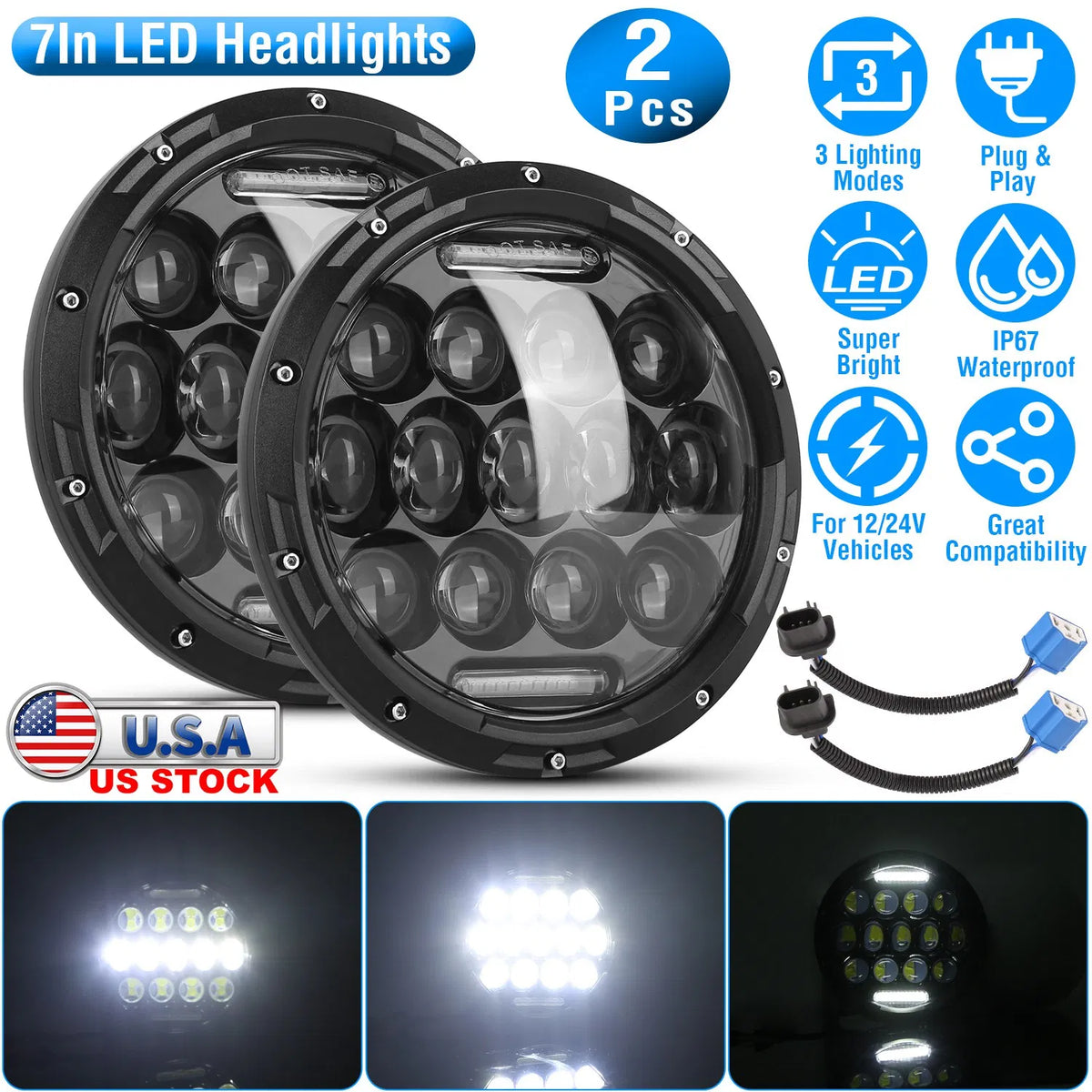 2Pcs 7In 75W Round LED Headlight 3500LM Halo Car Headlamp with DRL High Low - Image 4