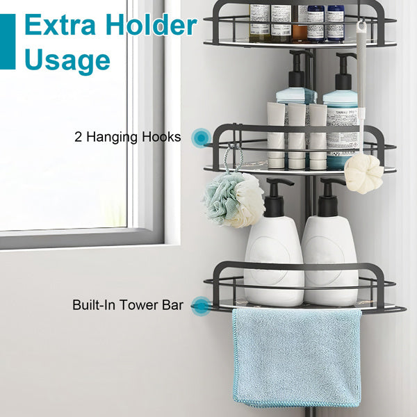 corner shower caddy tension pole packaging and components