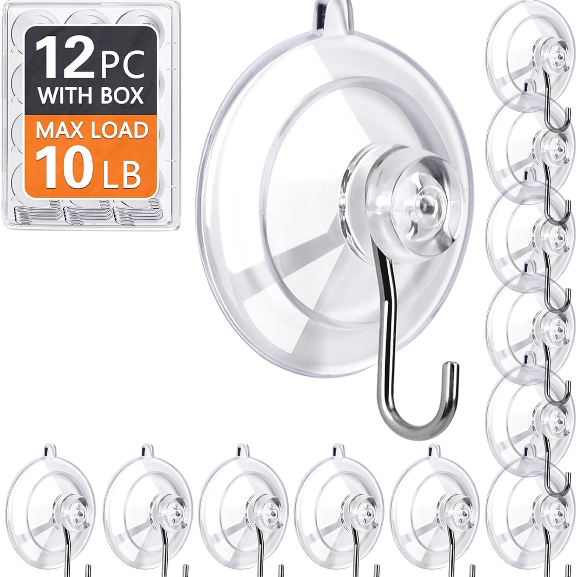 12 Pack Clear Suction Cup Hooks 77 Inch Stainless Steel Reusable Removable - Image 3