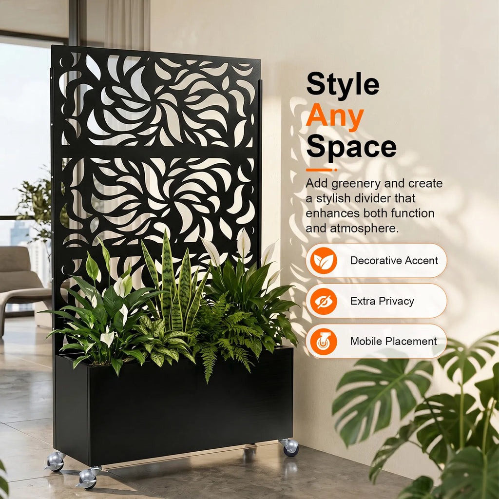 70.87" H 46.06" W Leaf Pattern Privacy Screen with Planter Box Black Metal - Image 3