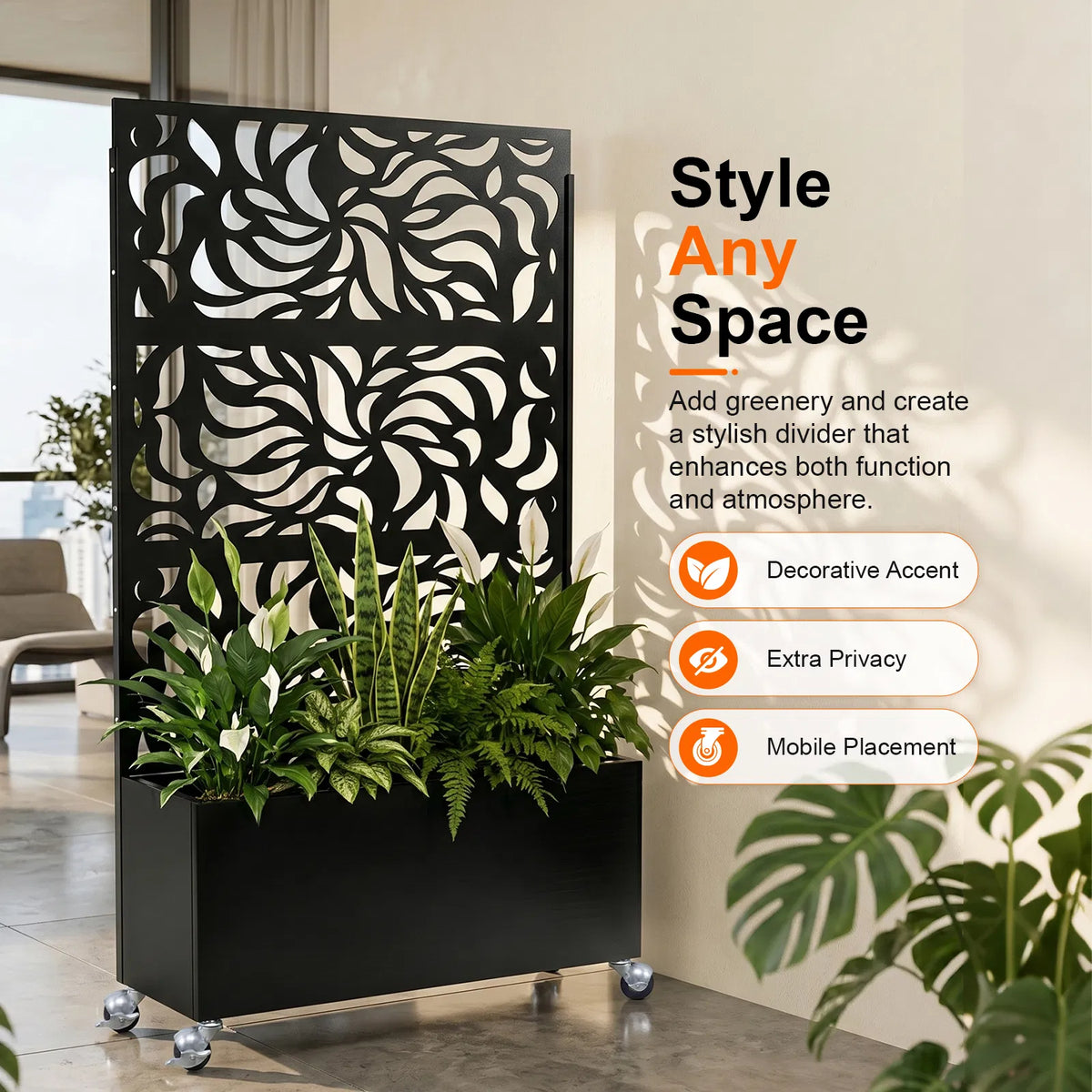 70.87" H 46.06" W Leaf Pattern Privacy Screen with Planter Box Black Metal - Image 3