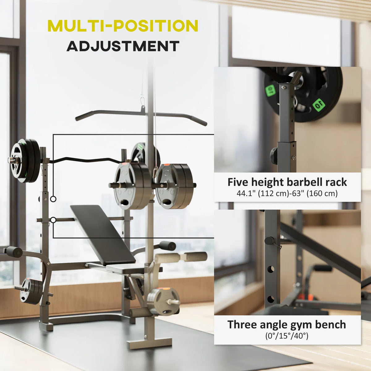 Adjustable Weight Bench with Press Rack Preacher Curl & Lat Pull Down
