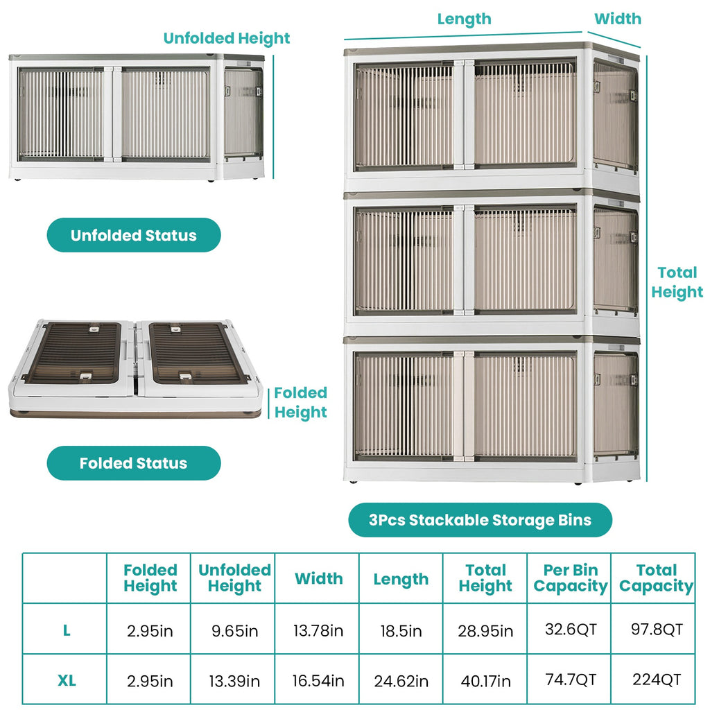 3-Piece Stackable Foldable Storage Bins with Lids and 4 Doors - Side Profile and Dimensions
