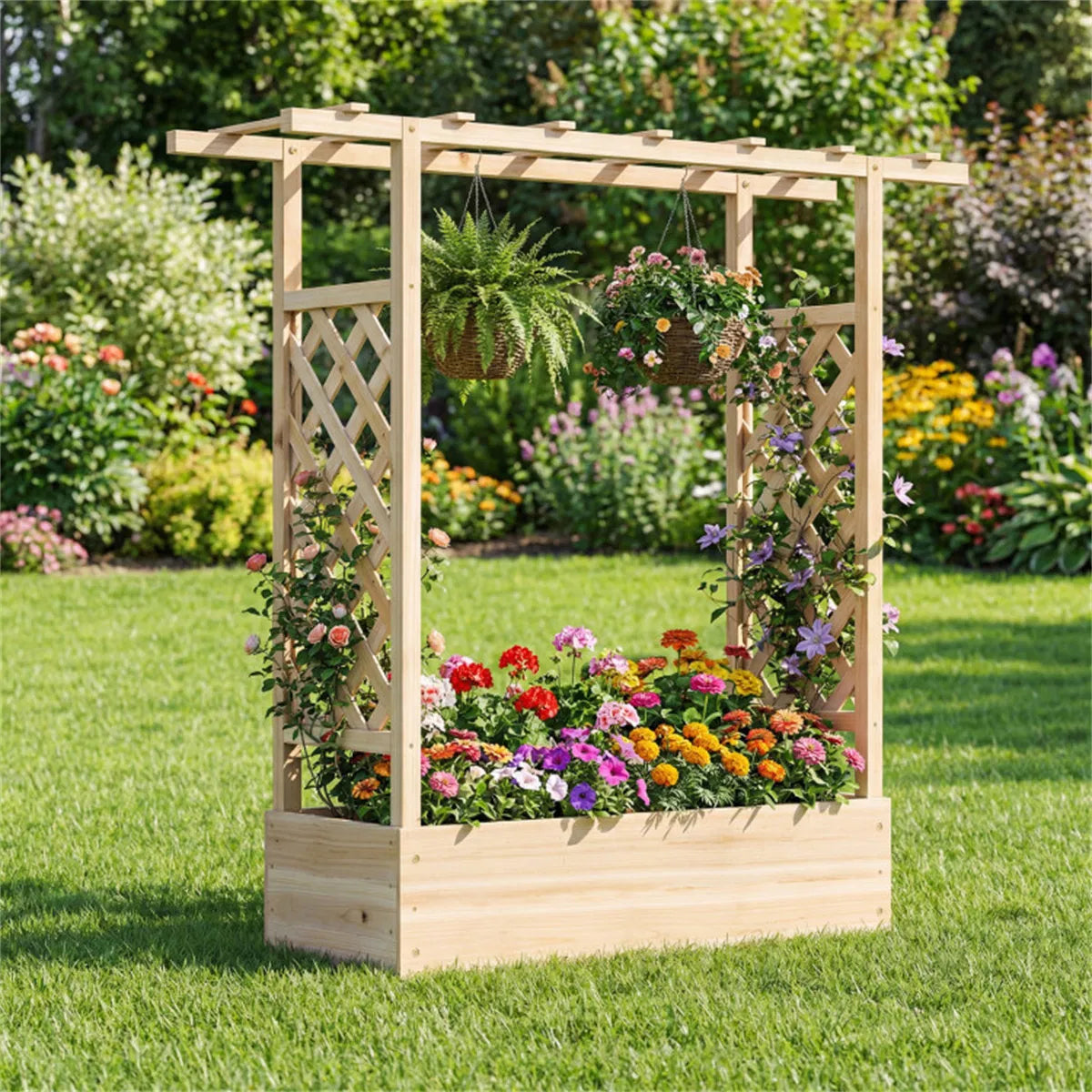 Fir Wood Raised Garden Bed with Side Trellis 109.22×35.56×114.30 cm Planter - Image 2