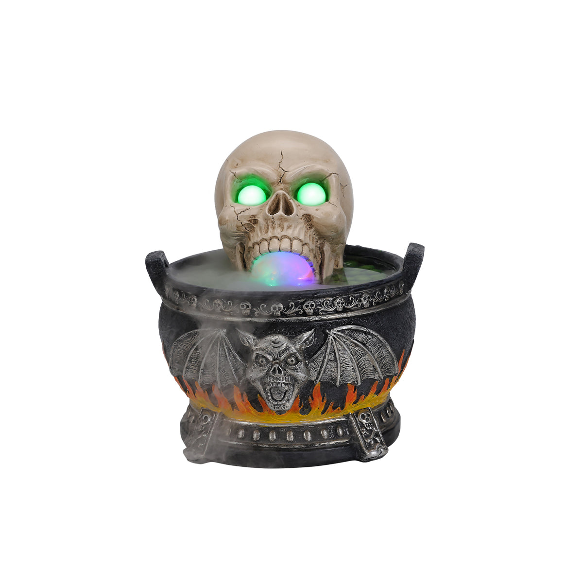 Halloween Skull Cauldron Statue with LED Light Smoke Fog Effect Resin Decor