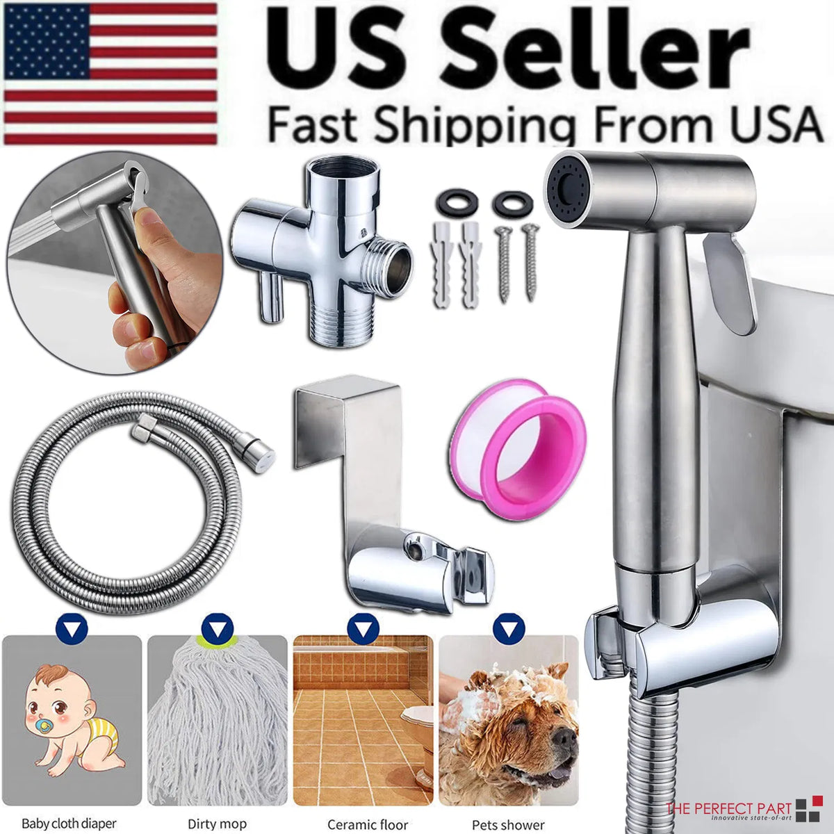 Toilet Shattaf Adapter Hose Bidet Spray Stainless Steel Handheld Shower Head US - Image 5