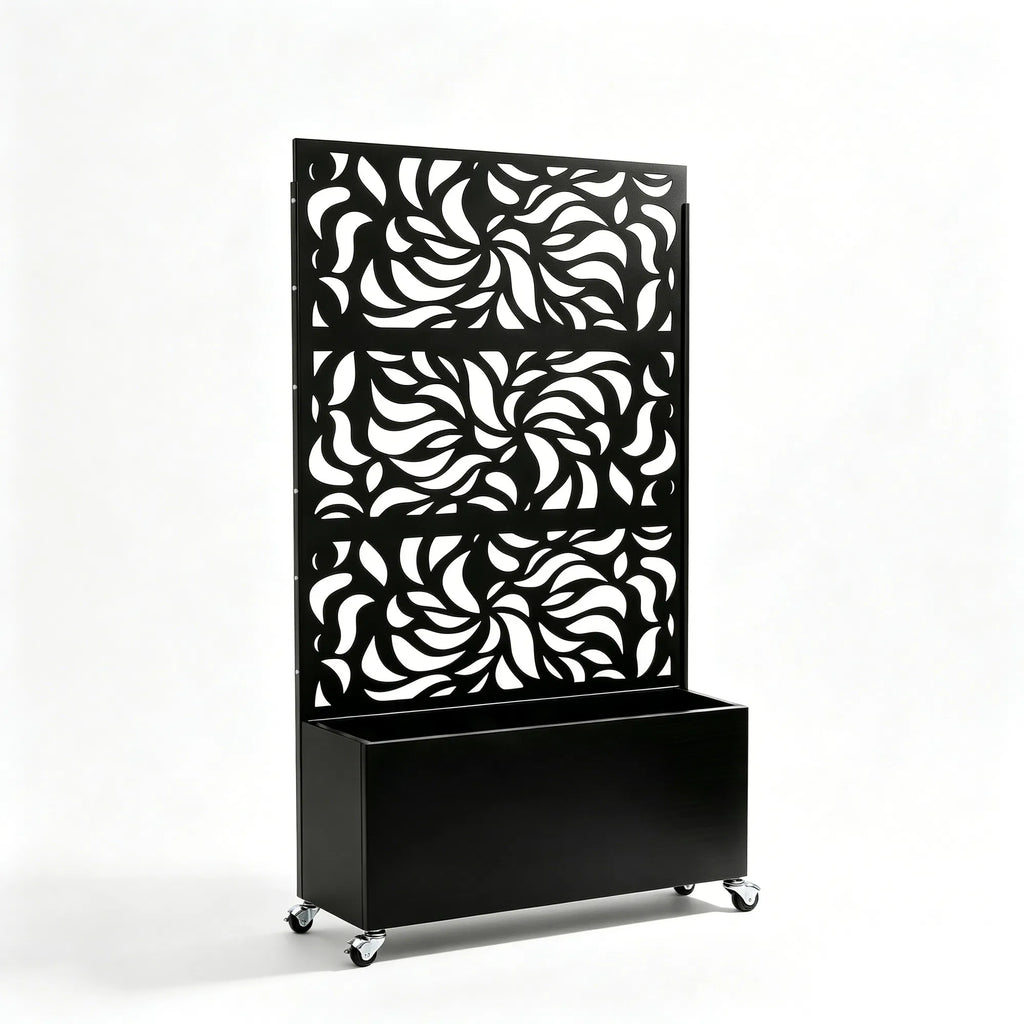 70.87" H 46.06" W Leaf Pattern Privacy Screen with Planter Box Black Metal - Image 2