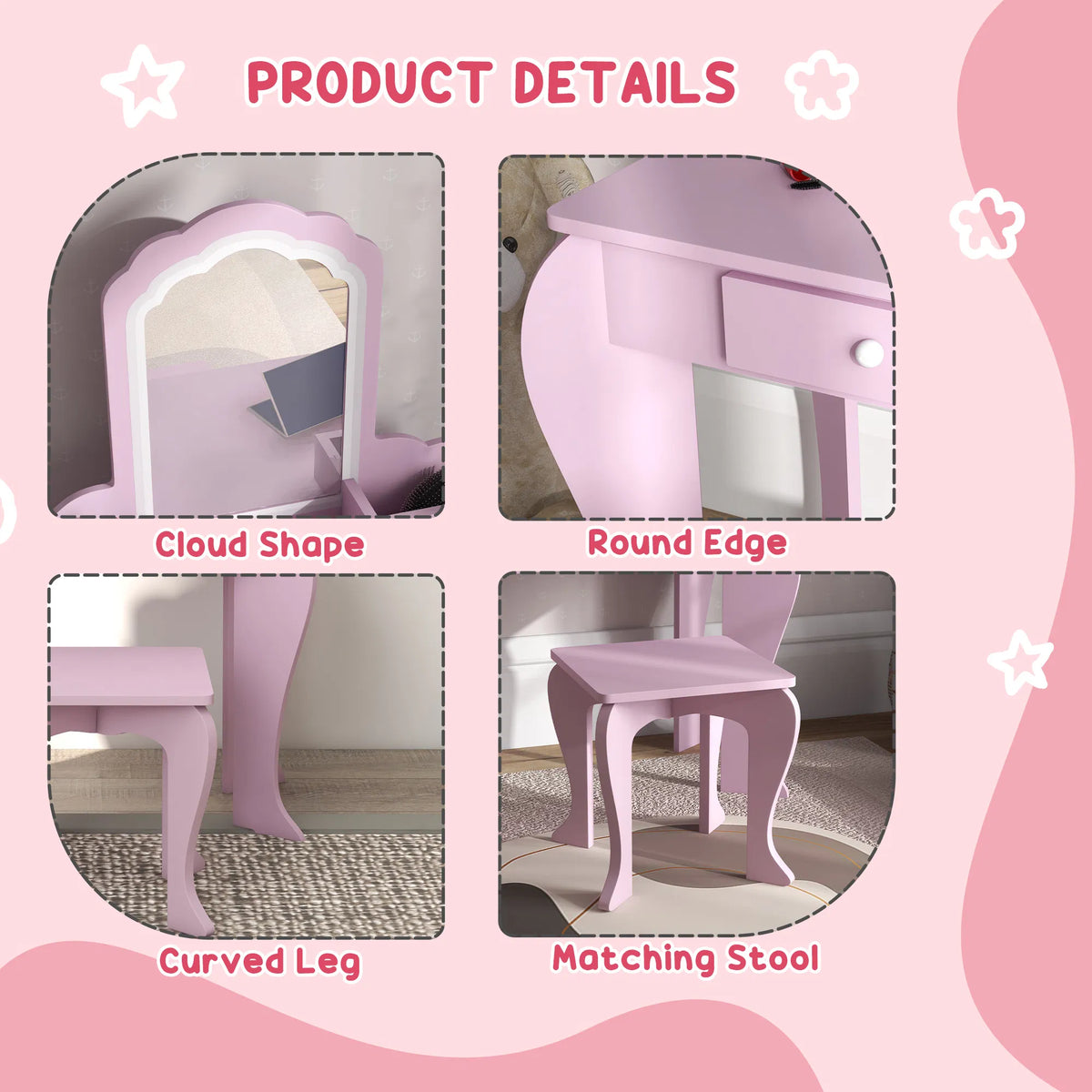 Makeup Vanity with Mirror and Stool Cloud Design Drawer Storage Boxes for - Image 5