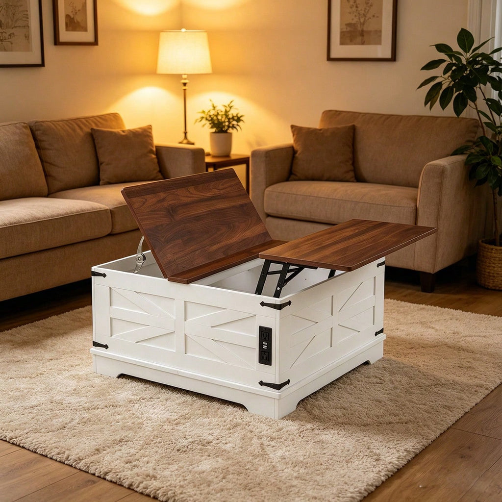 31.5IN Lift Top Coffee Table With Charging Station Square Farmhouse Wood - Image 5