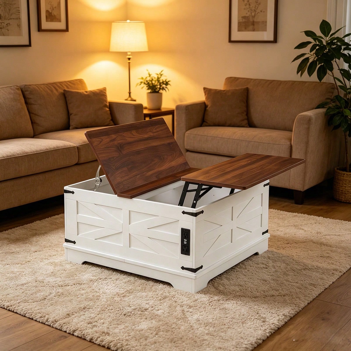 31.5IN Lift Top Coffee Table With Charging Station Square Farmhouse Wood - Image 5
