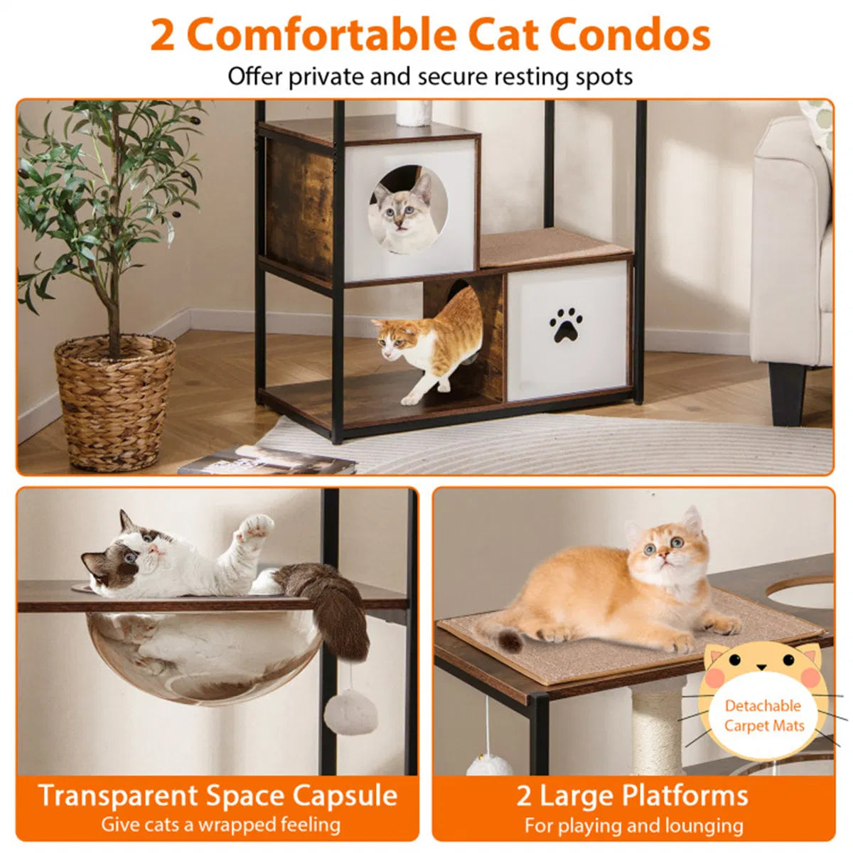 Stylish Wood Metal Cat Tree 33 lbs Per Layer Capacity 2 Private Condos + 2 - Image 3