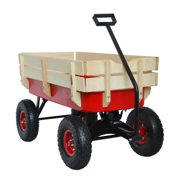 Outdoor Sport Wagon Tools Cart Wooden Side Panels Air Tires Wagon Red - Image 2