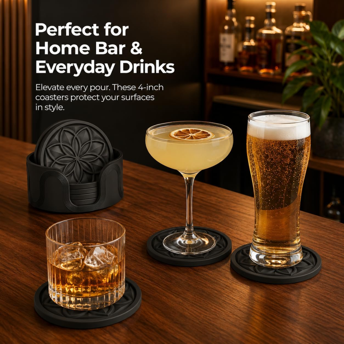 6 Pack Silicone Drink Coasters With Holder For Coffee Table Bar Desk Non Slip - Image 4